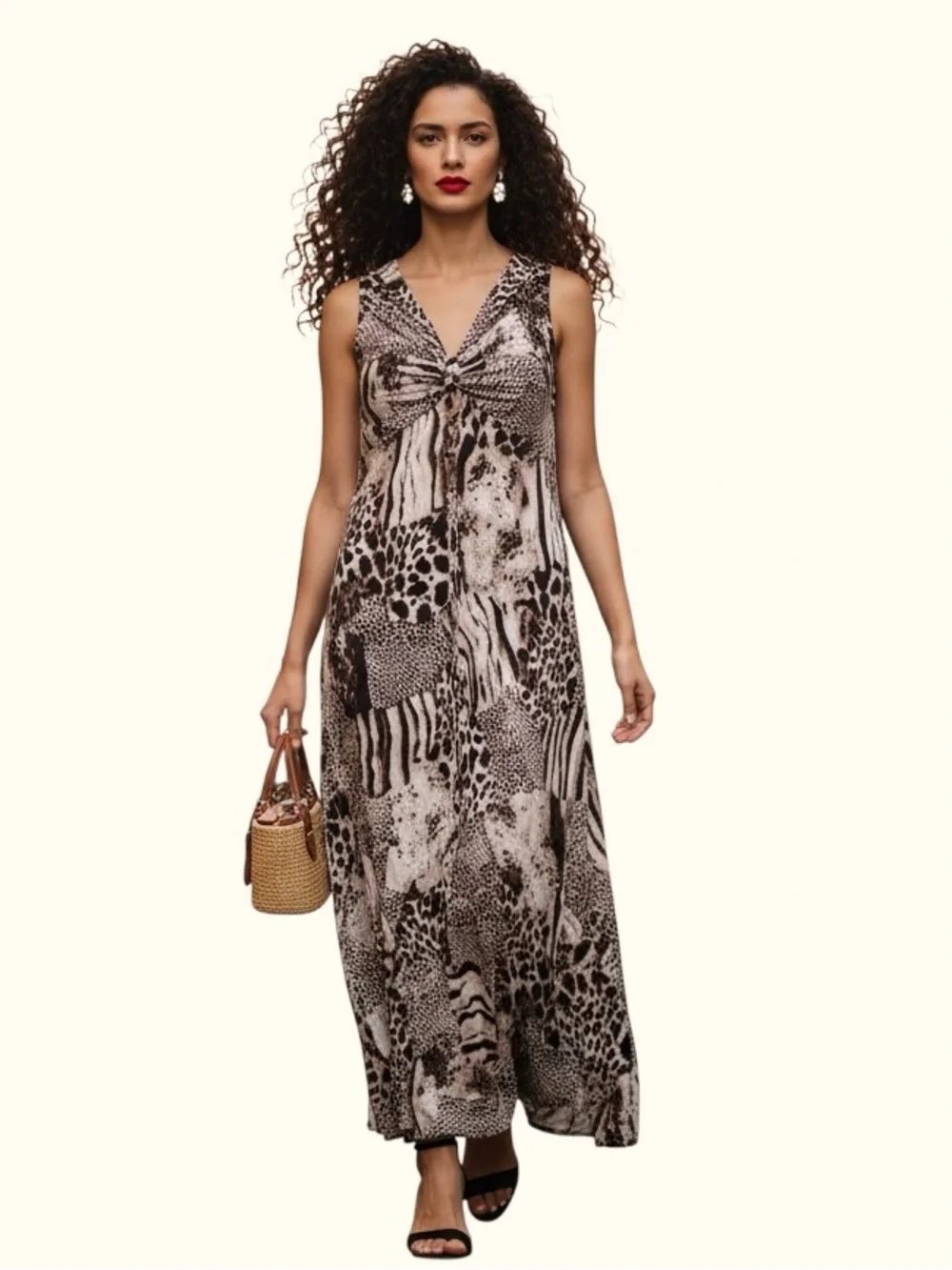 Alison Sheri Brown Animal Print V-Neck Beaded Maxi Dress - Size M - Picture 1 of 6
